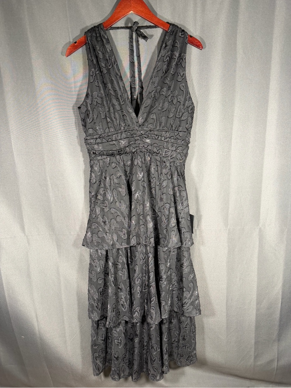 Lulu’s NEW Make It Mesmerizing Black Jacquard Tiered Midi Dress, Medium